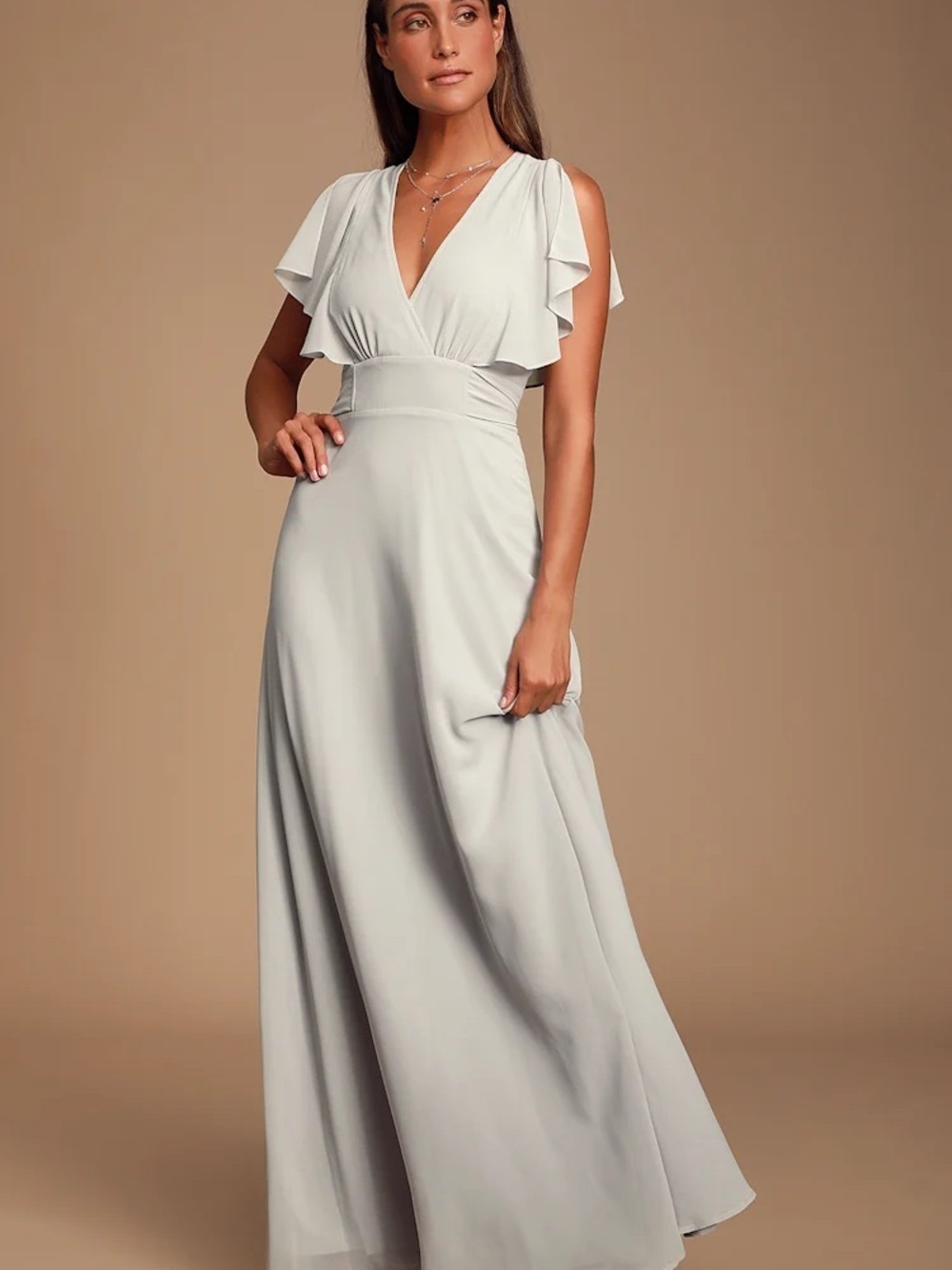 Lulu’s Dearly Loved Light Grey Flutter Sleeve Maxi Dress
XS